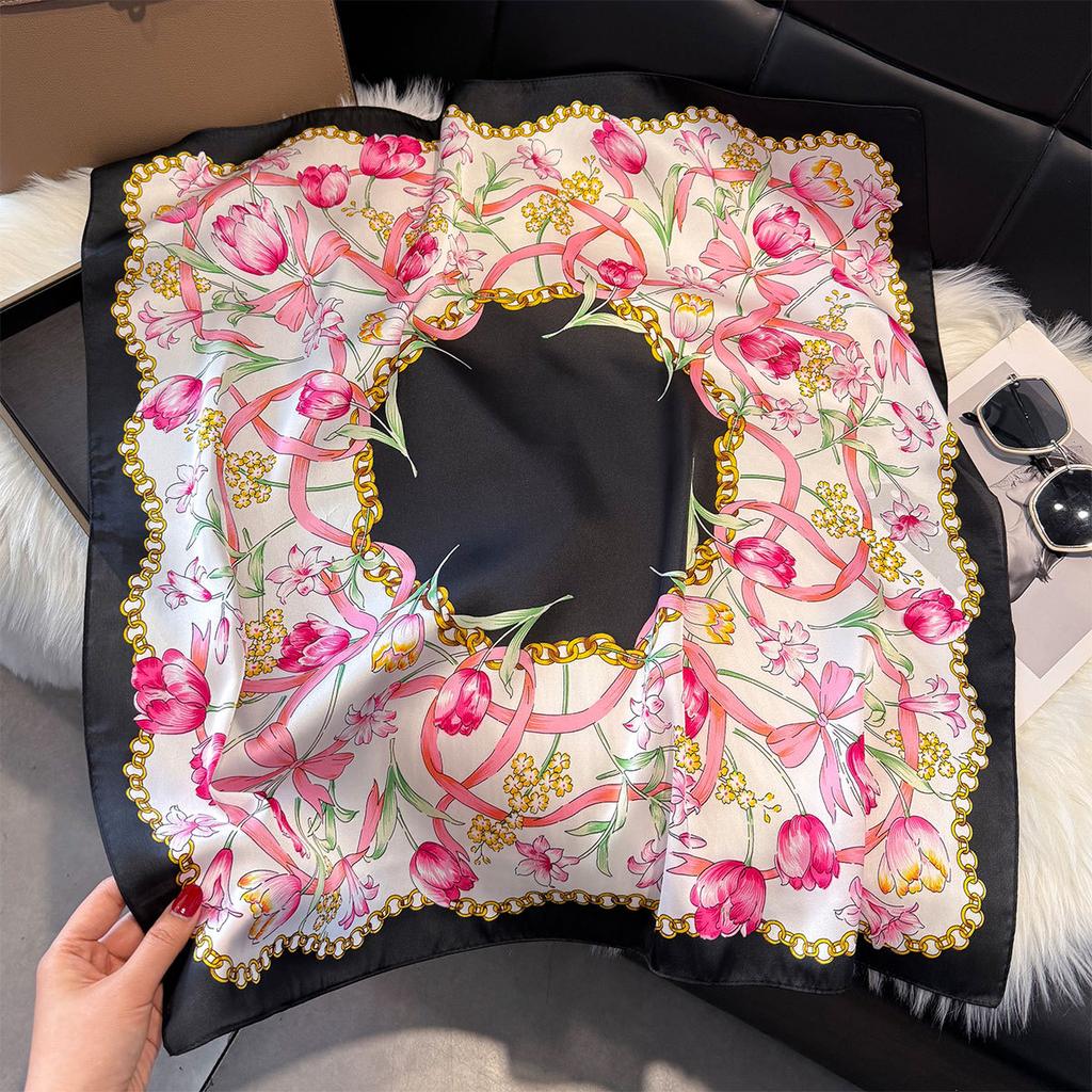 70Cm Silk Scarf Women'S French Elegant Small Floral Print Scarf Small Square Scarf With Headscarf