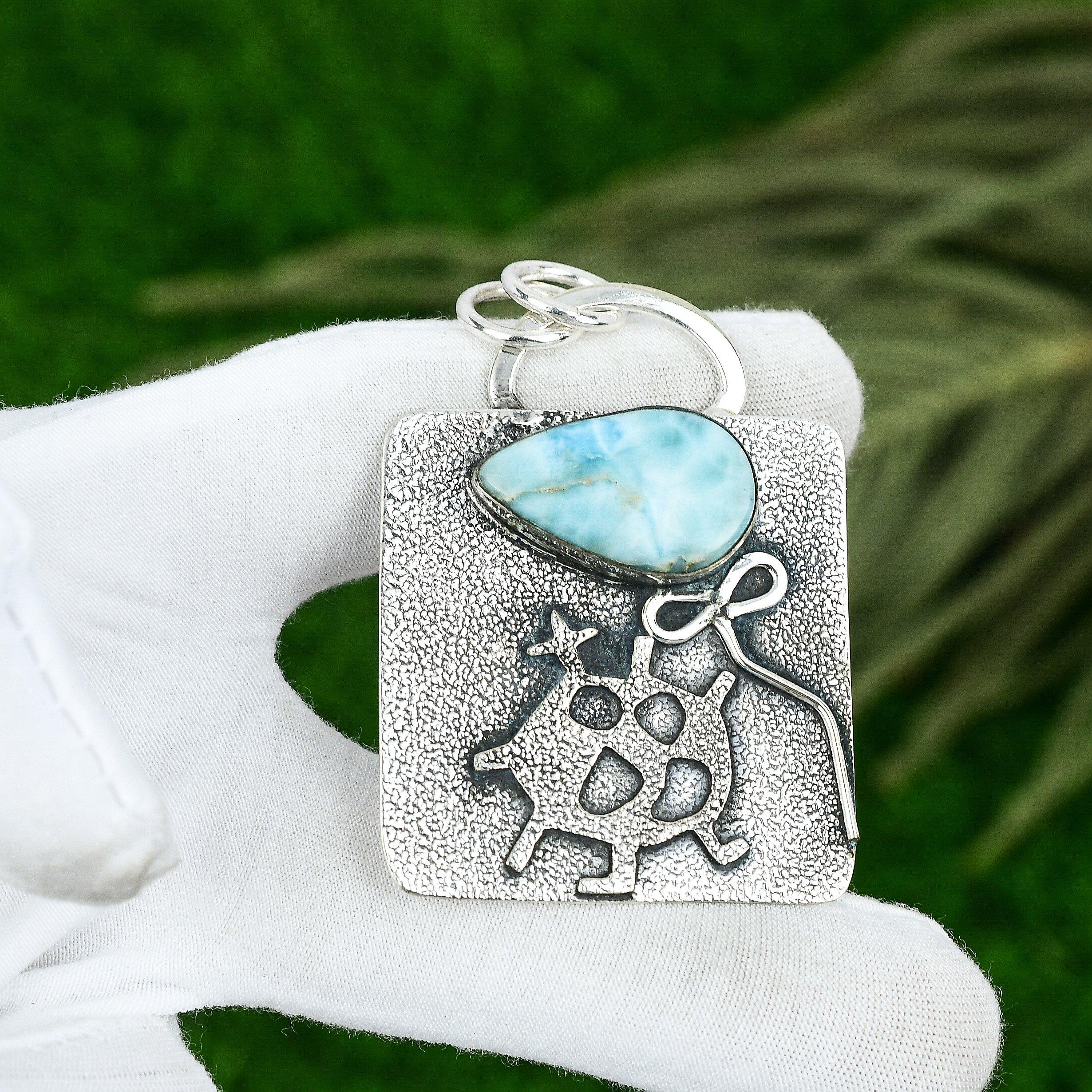 Sisters Day Sale Sterling Silver Larimar Stone Bezel Wife Throat Chakra Pendant