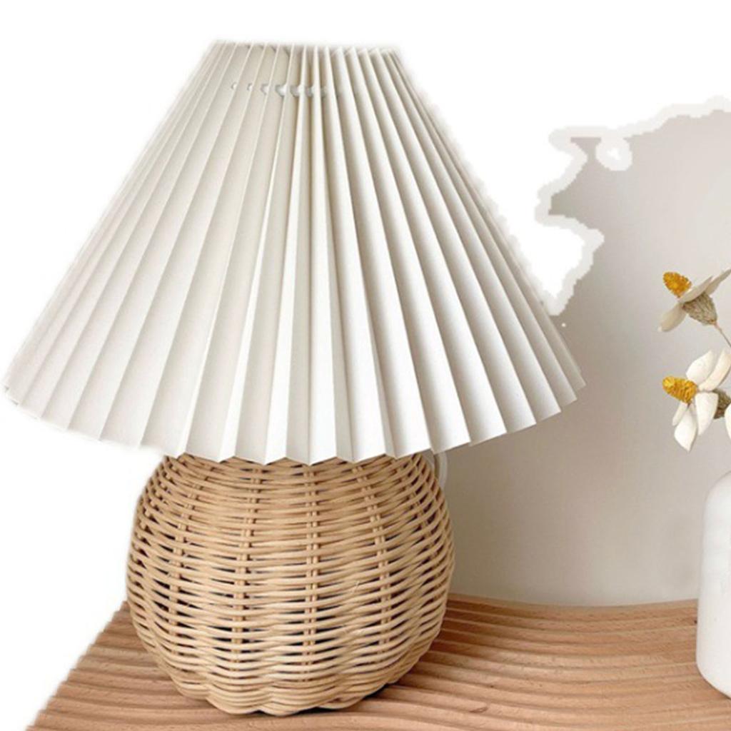 Tischlampe, Nachttischlampe, Mini-Lampe für Schlafzimmer, Wohnzimmer, Beistelltisch, Rattan, plissiert, ästhetisch, Vintage-Stil