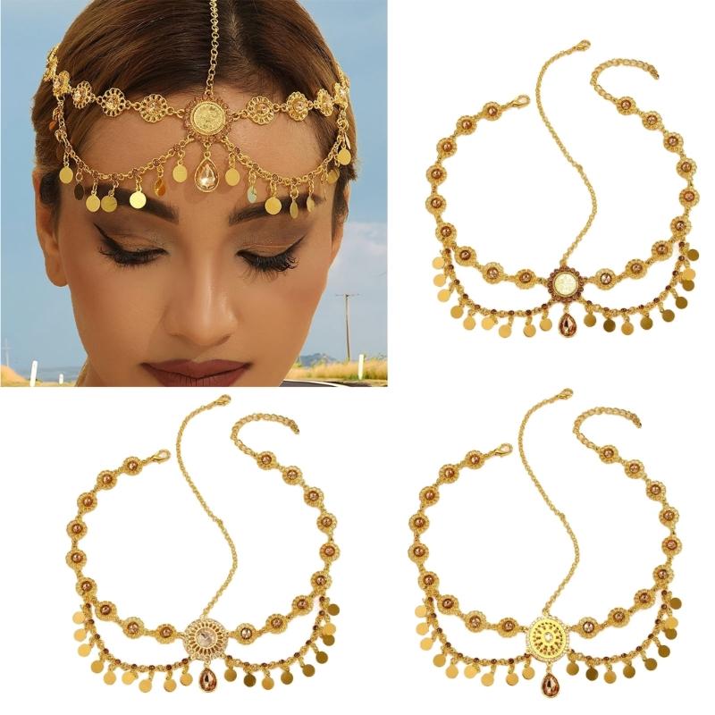 Indian Bridal Head Chain Gold Color Coin Tassels Rhinestones Headdress for Women Wedding Accessories Casual Wear