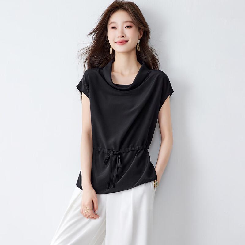 Srcr 100% Mulberry Silk Crepe Cowl Neck Short Sleeve Top L