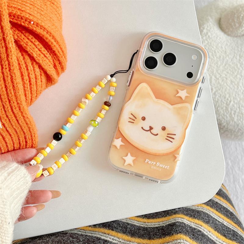 Cute Cat Phone Case With Beaded Wrist Strap Lanyard For iPhone 17 16 15 14 Pro Max Shockproof Soft TPU Protective Cover for Girl