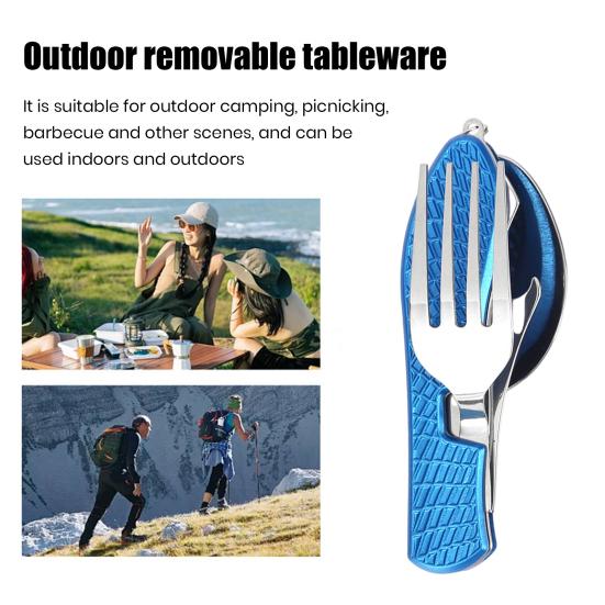 4-In-1 Folding Camping Utensils Stainless Steel Spoon Fork Knife Opener Combo Set Portable Multifunctional Lightweight Outdoor Tableware for Travel