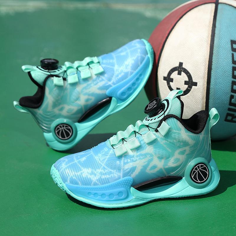 Boys' Shoes Leather Top Waterproof Sports Shoes Students Rotary Buckle Children's Basketball Shoes Combat Shock Absorption