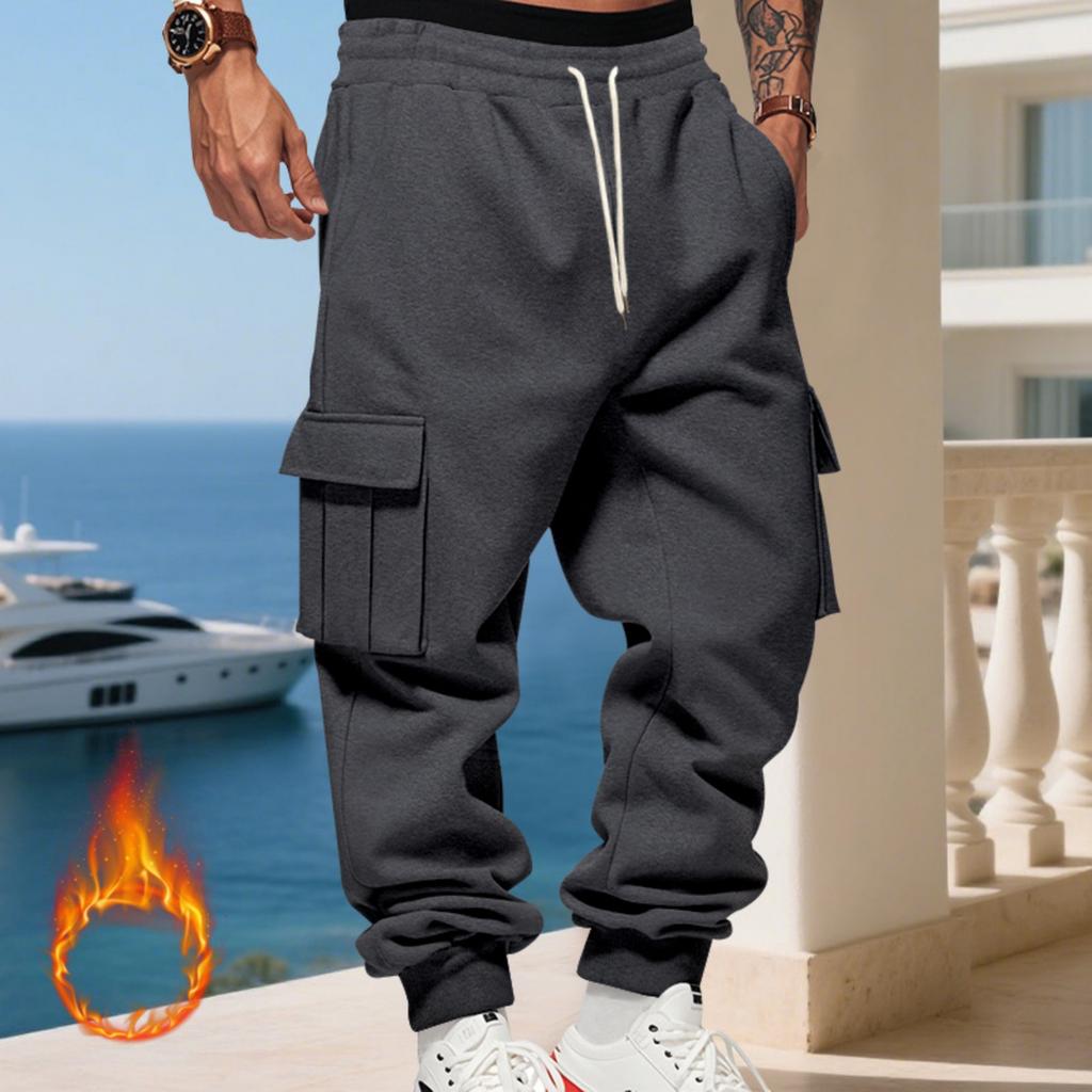 Men's Loose Fit Cargo Joggers - Thickened Warm Pants With Pockets,Casual Running Trousers