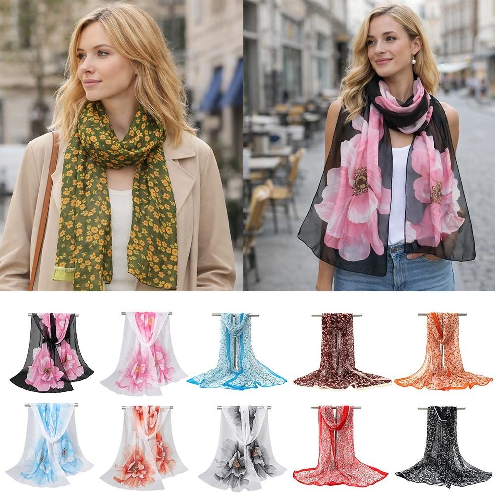 Floral Print Sunscreen Shawl Long Shawl Silk Elegant Chiffon Scarf  Women's Fashion
