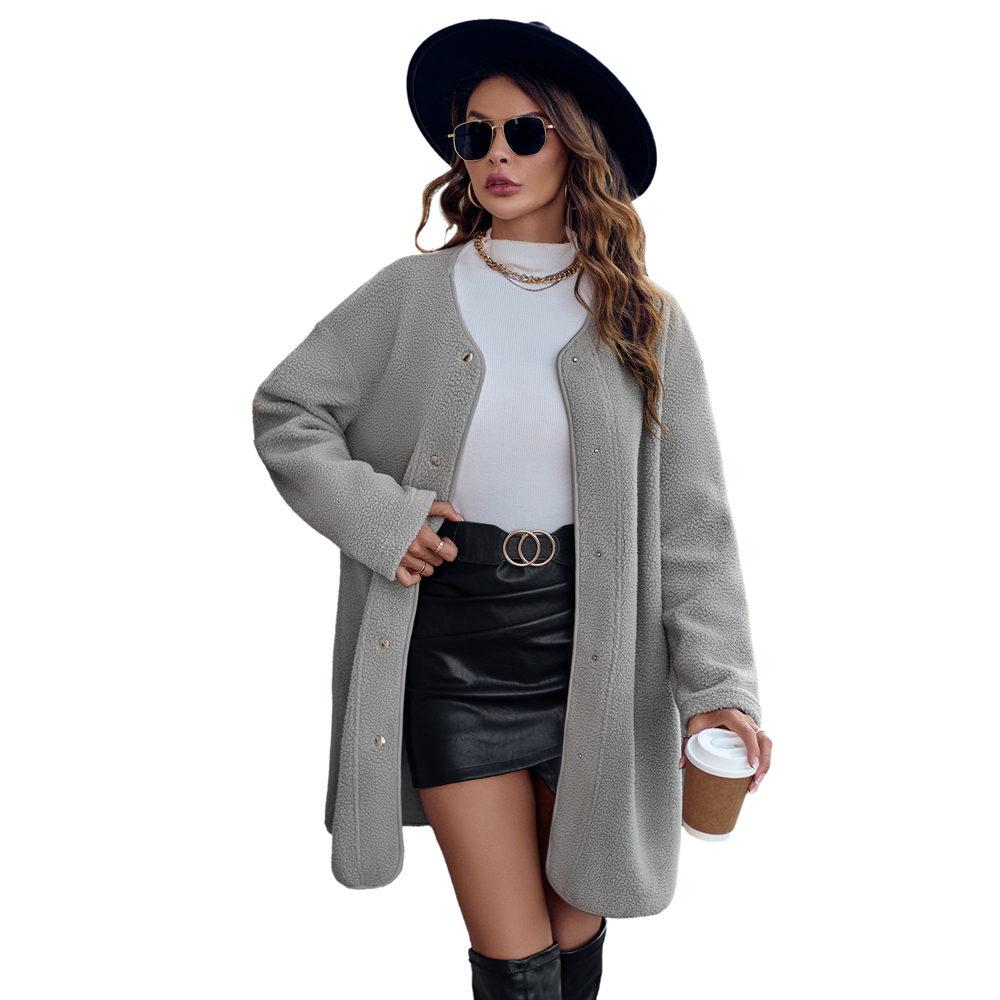 Women's Round Neck Coat Casual Fleece Coat Vintage Solid Color Long Sleeve Single Breasted for Office Party
