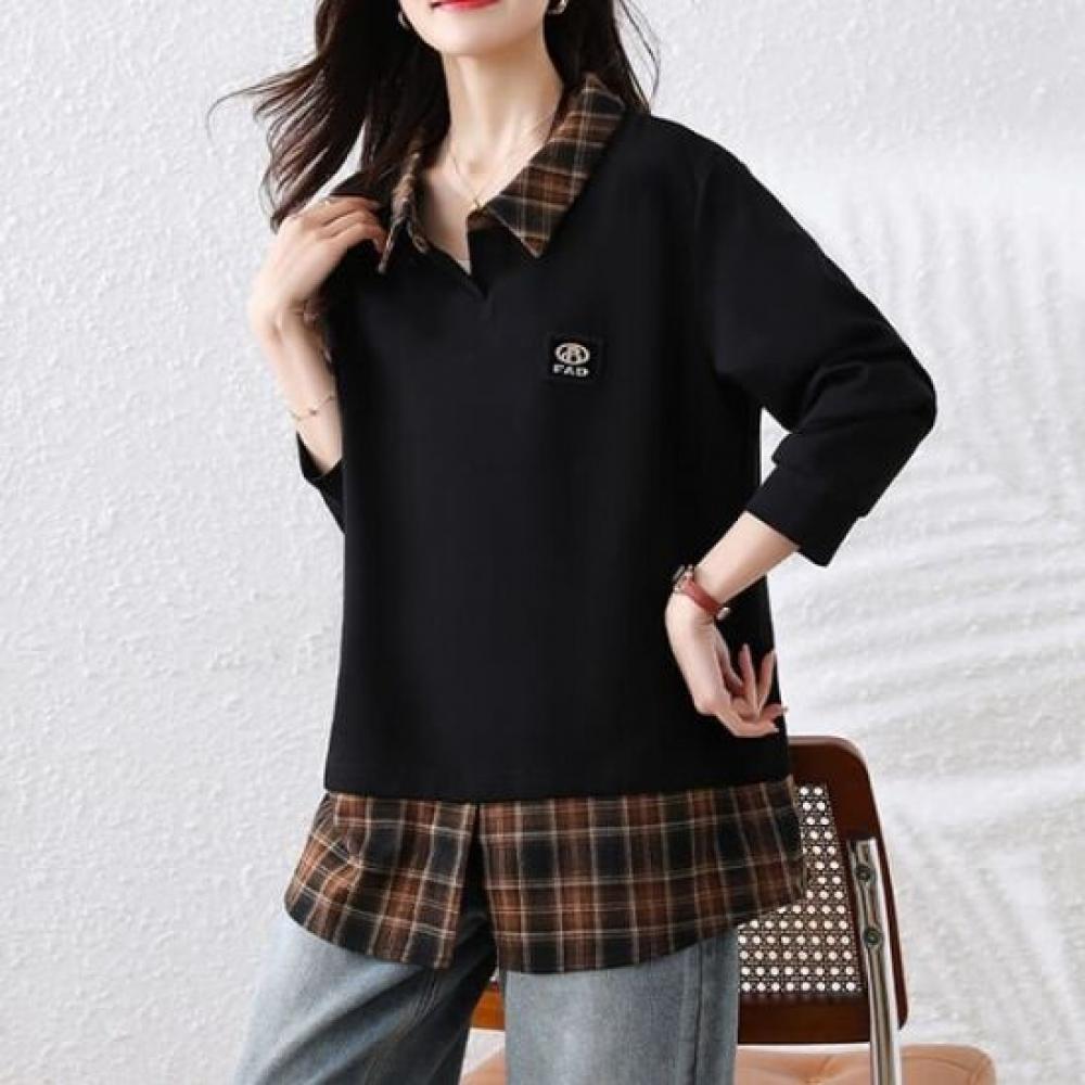 Navava Women Long Sleeve Sweatshirt Layered Check Collar Nt2972