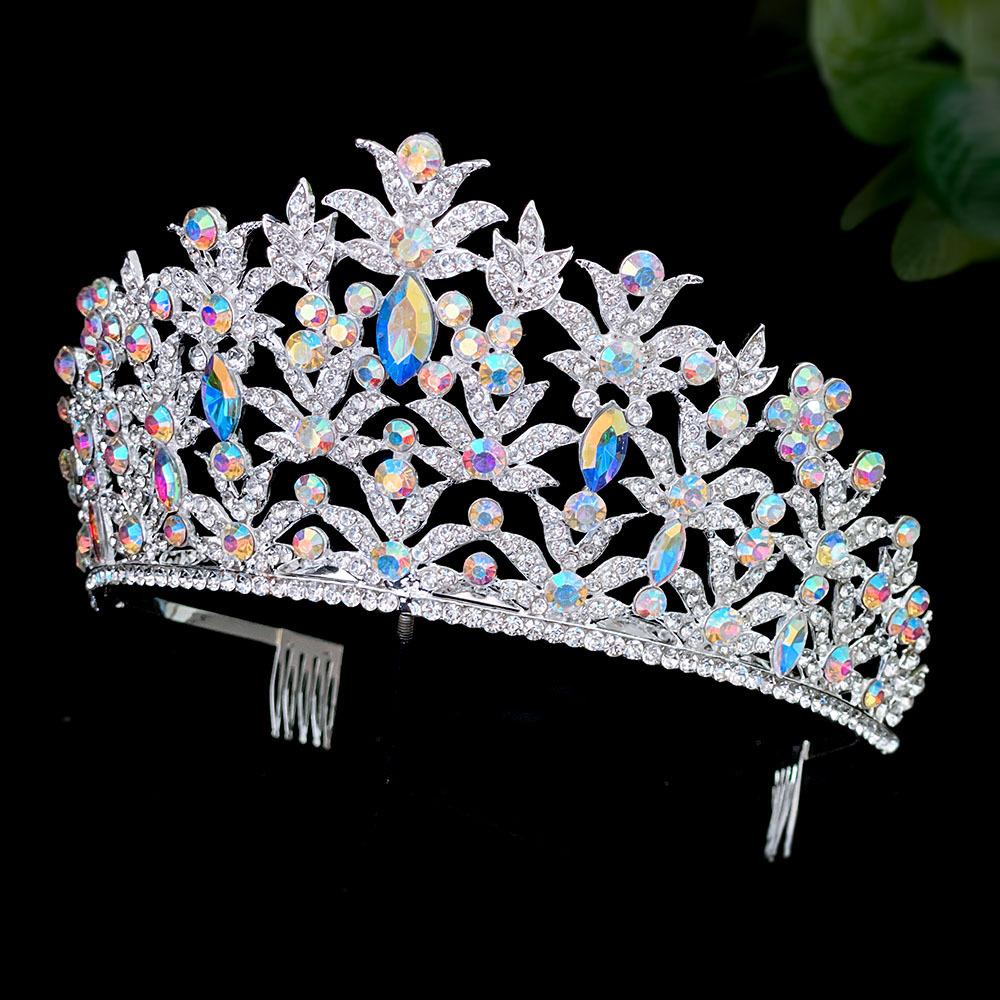 New Bride's Crown Silver AB Ribbon Headband Large Crown Crystal Water Diamond Exquisite and Luxurious Bride Accessories