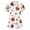 Damen V-Ausschnitt Kurzarm Kasack mit Taschen, Herbstlaub-Print, Arbeitsuniform