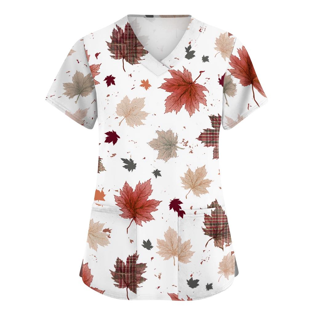 Damen V-Ausschnitt Kurzarm Kasack mit Taschen, Herbstlaub-Print, Arbeitsuniform