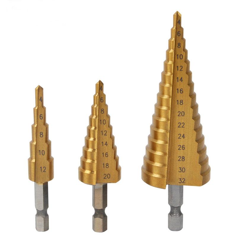 Hex Shank Titanium Hss Step Drill Bit Stainless Steel Cone Taper Iron Metal Wood Hole Cutter Metric Center Drill Bits 4-12/20/32
