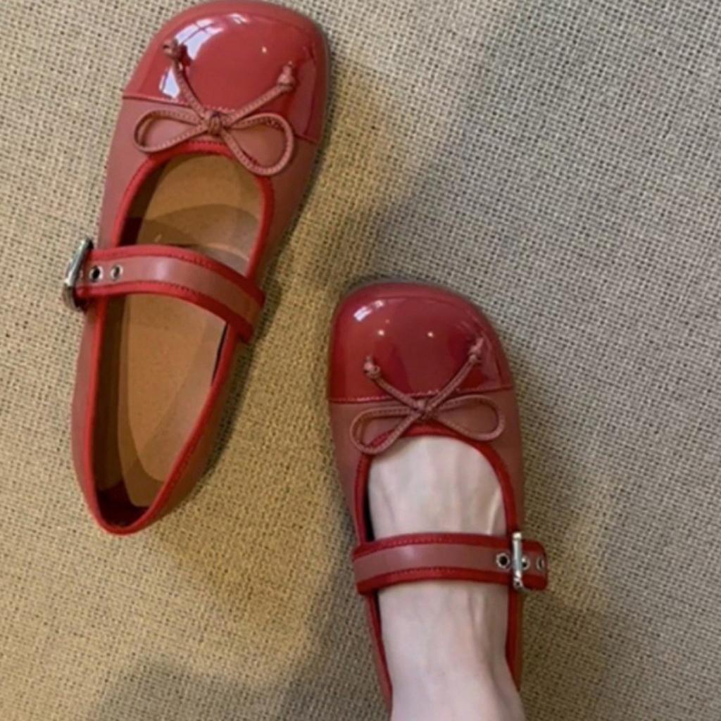 Bow shallow mouth Mary Jane shoes children's new flat red shoes single shoes