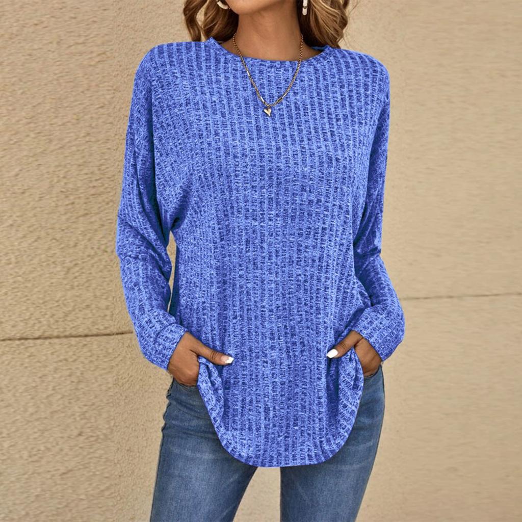 Women's Fashionable Solid Color Round Neck Long Sleeved Loose Fitting Pullover T-shirt Top