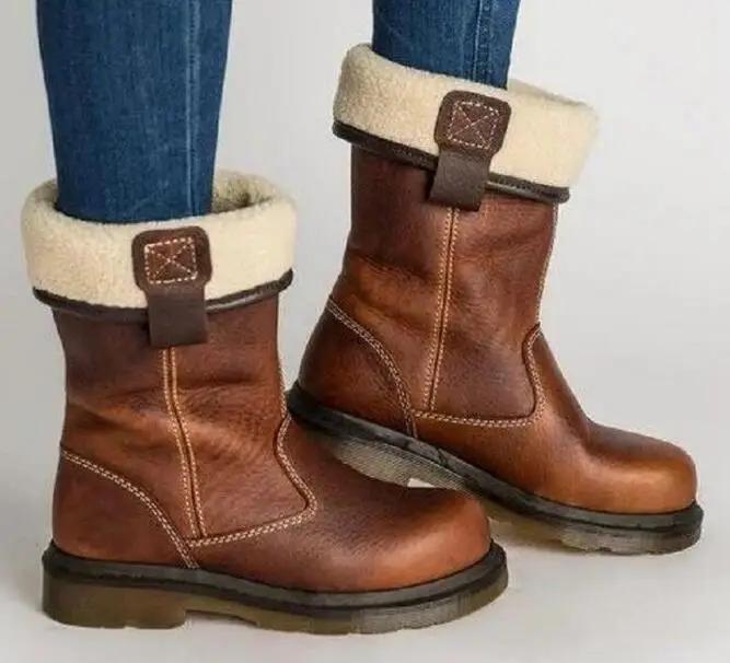Women's Boots Ladies Vintage PU Leather Shoes Woman Chunky Low Heels Sapato Feminino Warm Booties