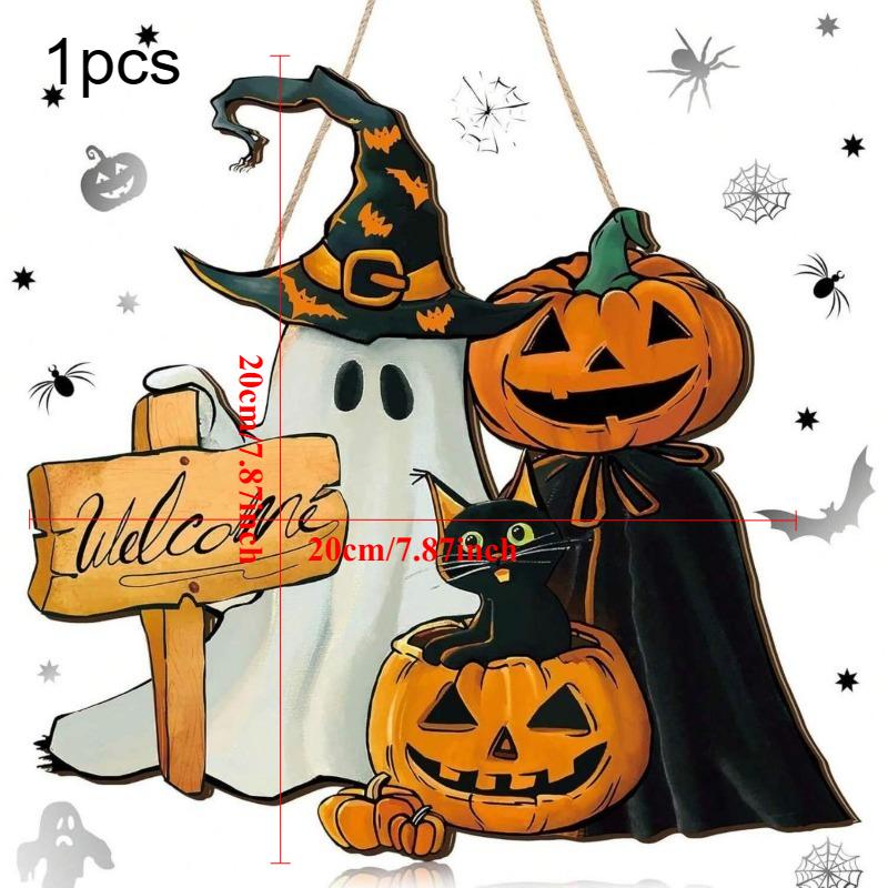 

1pcs New Front Door Halloween Welcome Sign Pumpkin Skeleton Wreath Wooden Halloween Party Decoration 20x20cm