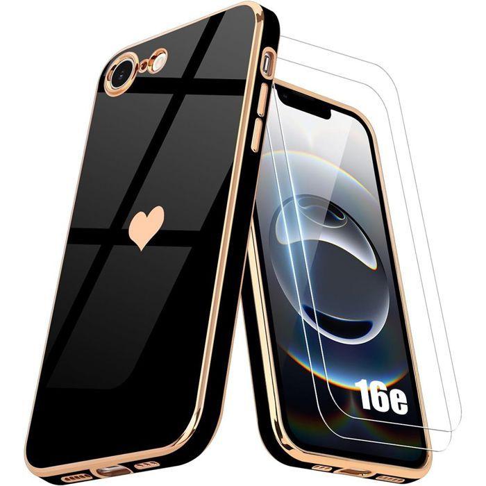 Coque de protection pour iPhone 16e - BOOLING - Motif Cœur - Silicone Souple - 2 Verres Trempés - Noir