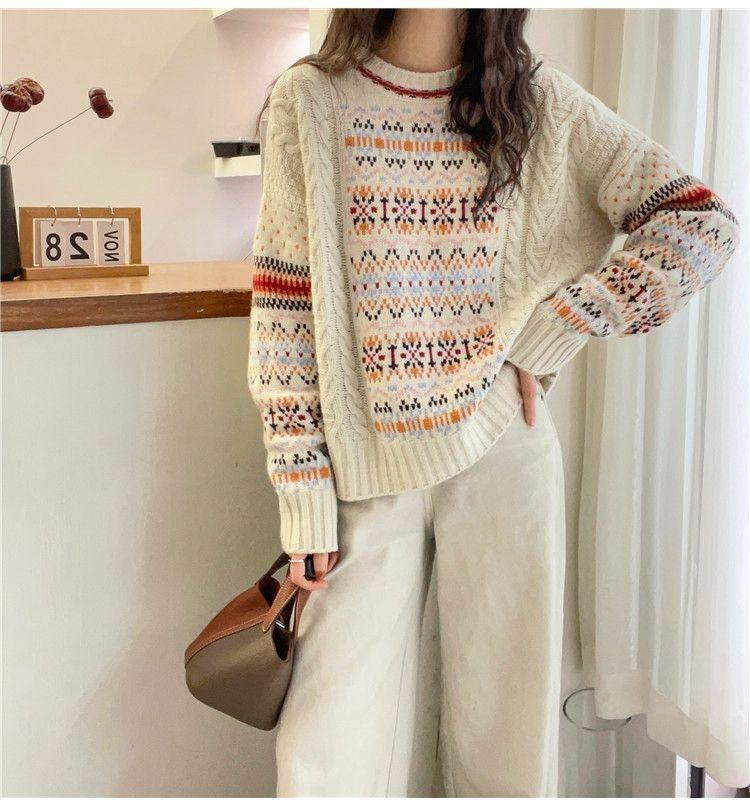 

Винтажный трикотажный пуловер с круглым вырезом, женский осенне-зимний новый свободный повседневный трикотажный свитер «Фэр-Айл» женский average code