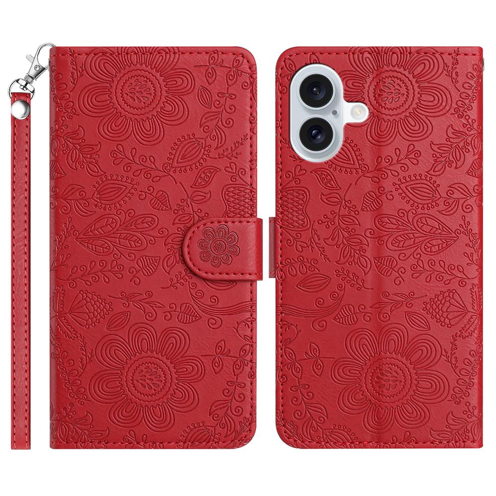 For iPhone 17 Case Flower Imprint Leather Flip Wallet Phone Cover with Wrist Strap