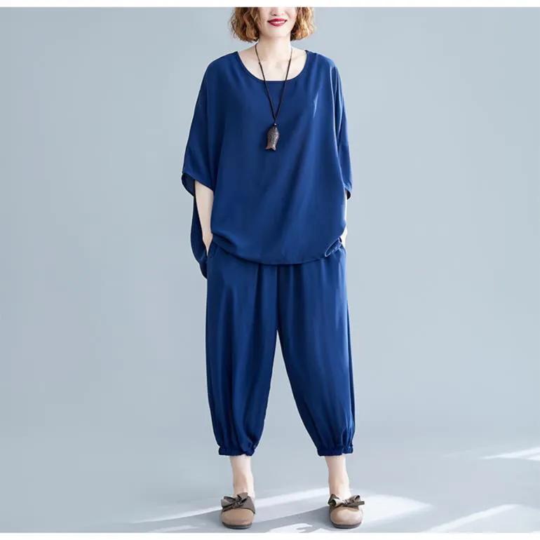 Women's Summer Casual Suit Short-sleeved Round Neck T-shirt + Loose Pants Solid Color Two-piece Set