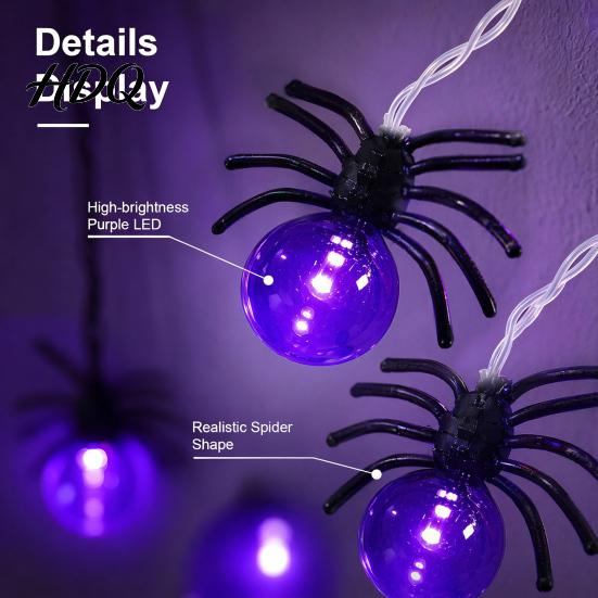 Halloween Spider String Lights 10/20FT Light Battery Powered Purple LED Large Spider/Bat Garland Spooky DIY Atmosphere Lamps 20/40 Bulbs Fairy Light