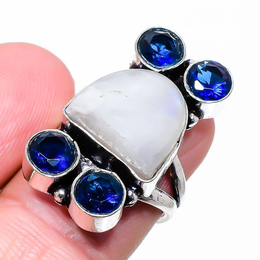

Natural Rainbow Moonstone, Topaz Gemstone 925 Sterling Silver Ring Size 7 B4B88