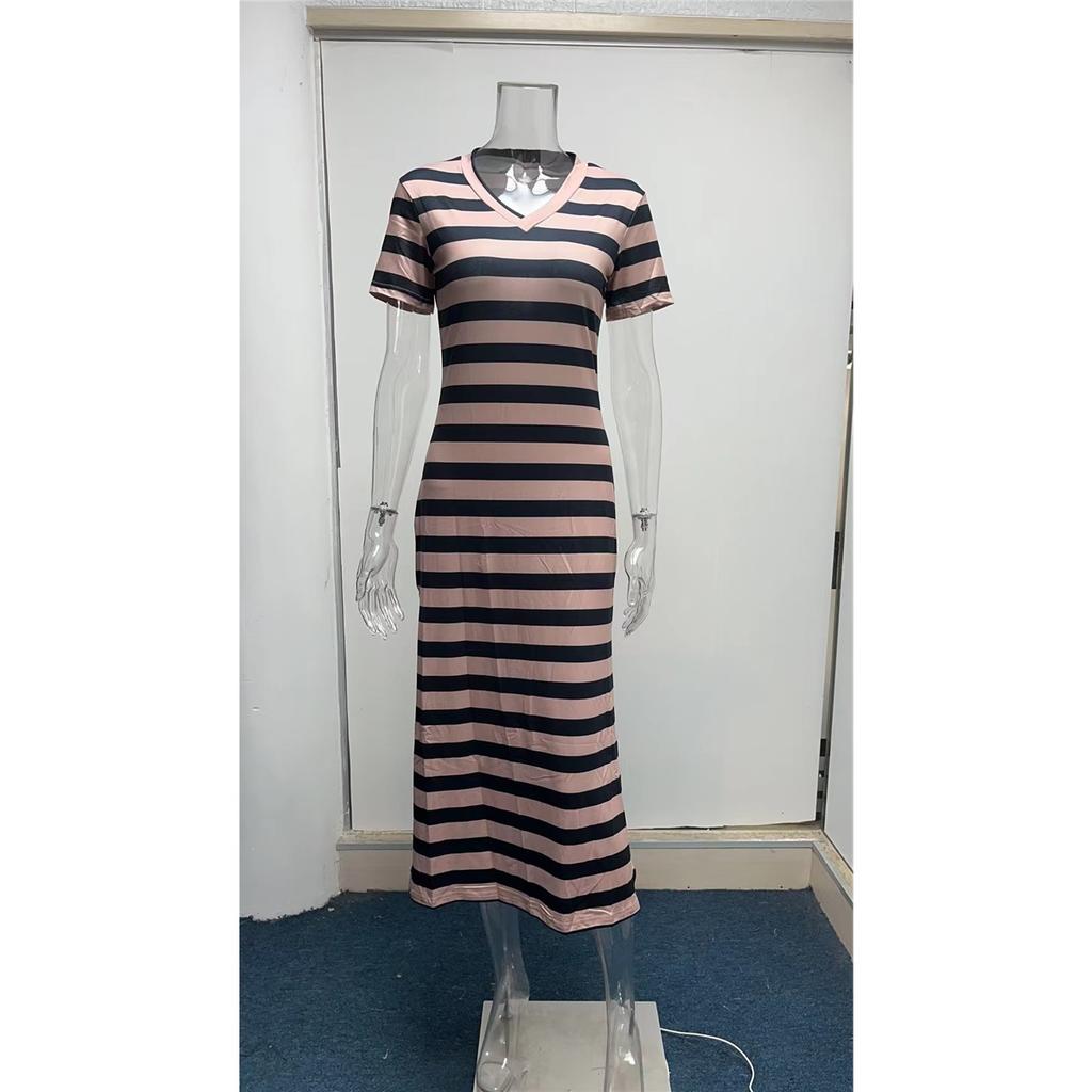 Women's Dress Short-sleeved V-neck Loose Striped Print Slit Long Dress