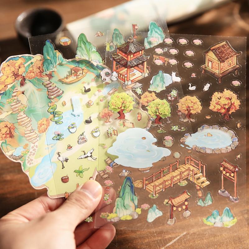 4Pcs PET Landscape Flat Sticker Rating National Style Handbook Paper Material Landscape Rating Pack Fun Paper Stationery