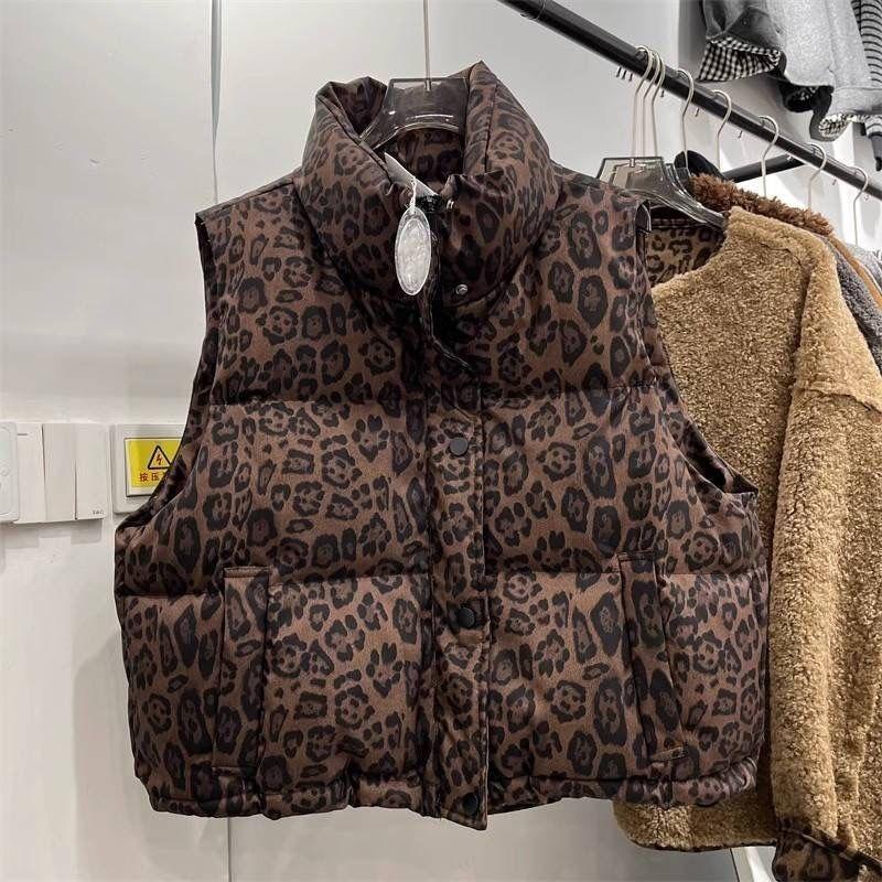 Women Short Stand Collar Leopard Print Loose Vest Jacket