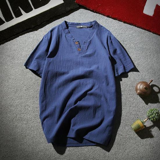 Men T-shirt Short Sleeves V Neck Button Solid Color Slim Fit Cotton Linen Summer Casual Male Tee Shirt Top Daily Wear