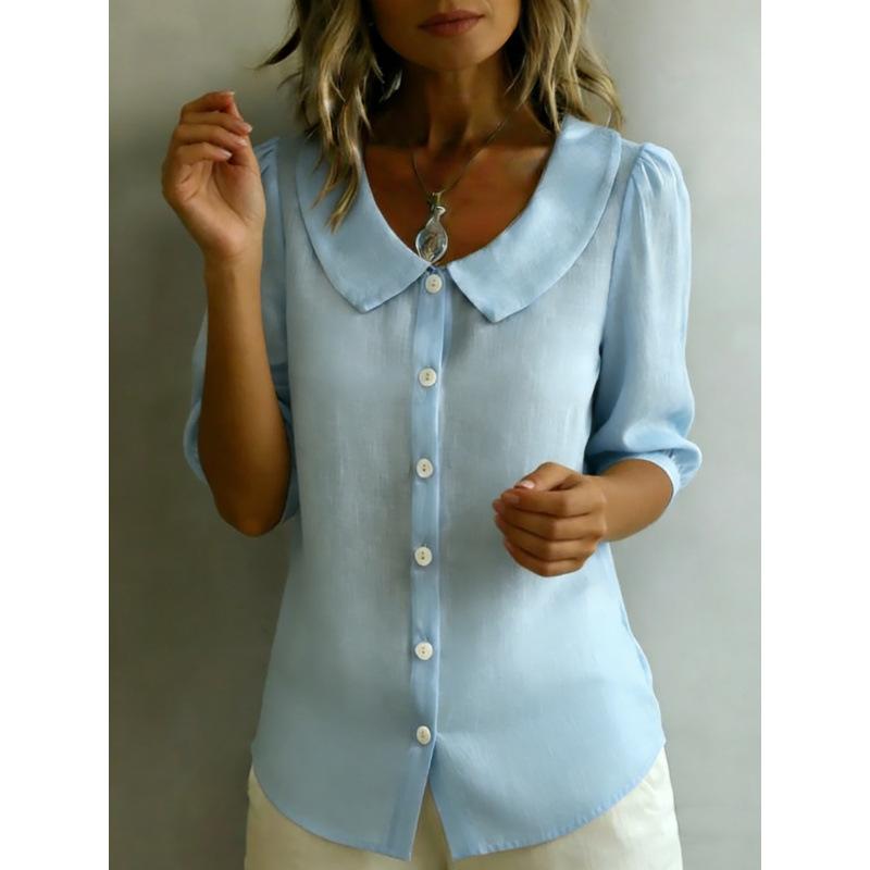 Camicia Casual da Donna a Maniche Lunghe, Colore Unito, Collo a Bambola, Bottoni