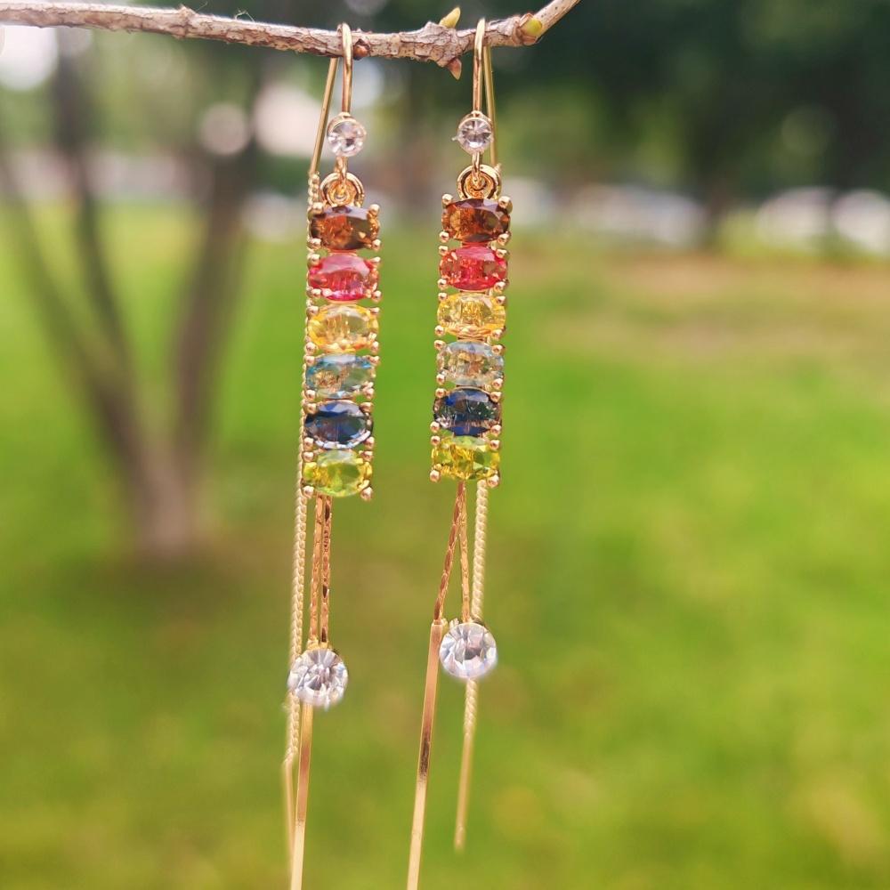 1Pair Fashion Colored Long Rectangle Tassel Cubic Zirconia Ear Line Long Hanging Drop Earrings for Women Piercing Threader Earing Ear Jewelry