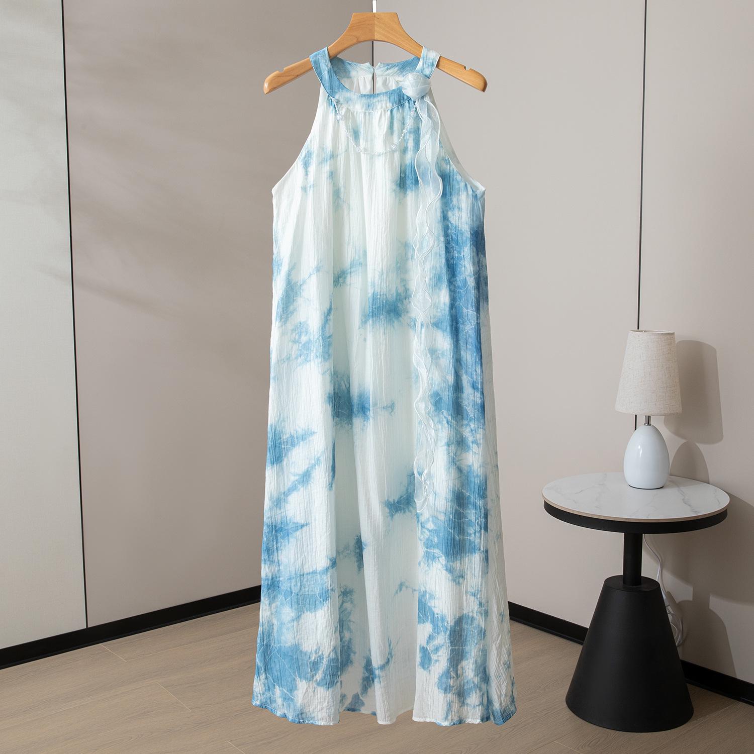 Yunnan Tie-Dye Sleeveless Ruffle Sundress with French Round Neck One Size