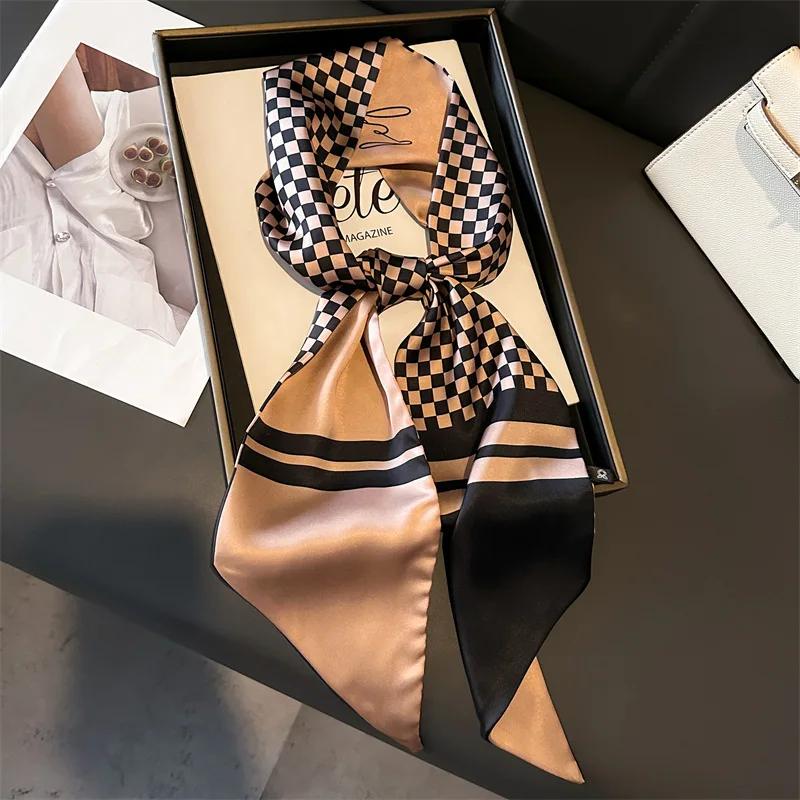 Plaid Scarf Women Imitation Silk Neck Kerchief Foulard Female Hairbands Narrow Ribbon Hair Scarves Bag Ties 15*150Cm
