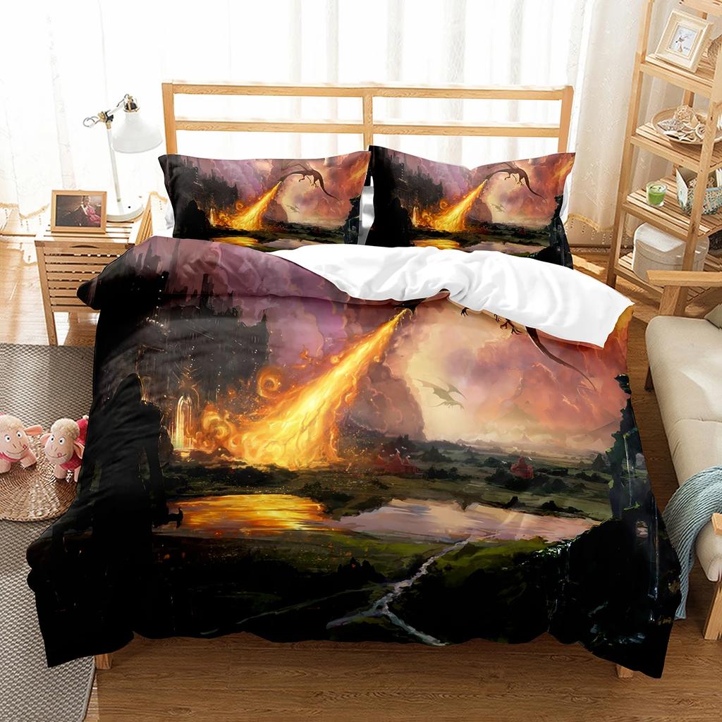 Fierce Fire Breathing Dragon Theme Duvet Cover For Women Men Children Teens For Bedroom Decorations Red Black Queen King Size