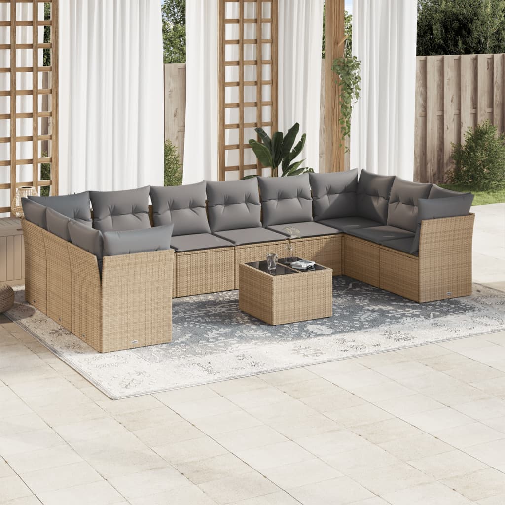 Vidaxl 11-Cz. Garden Furniture Set With Cushions, Beige, Poly Rattan
