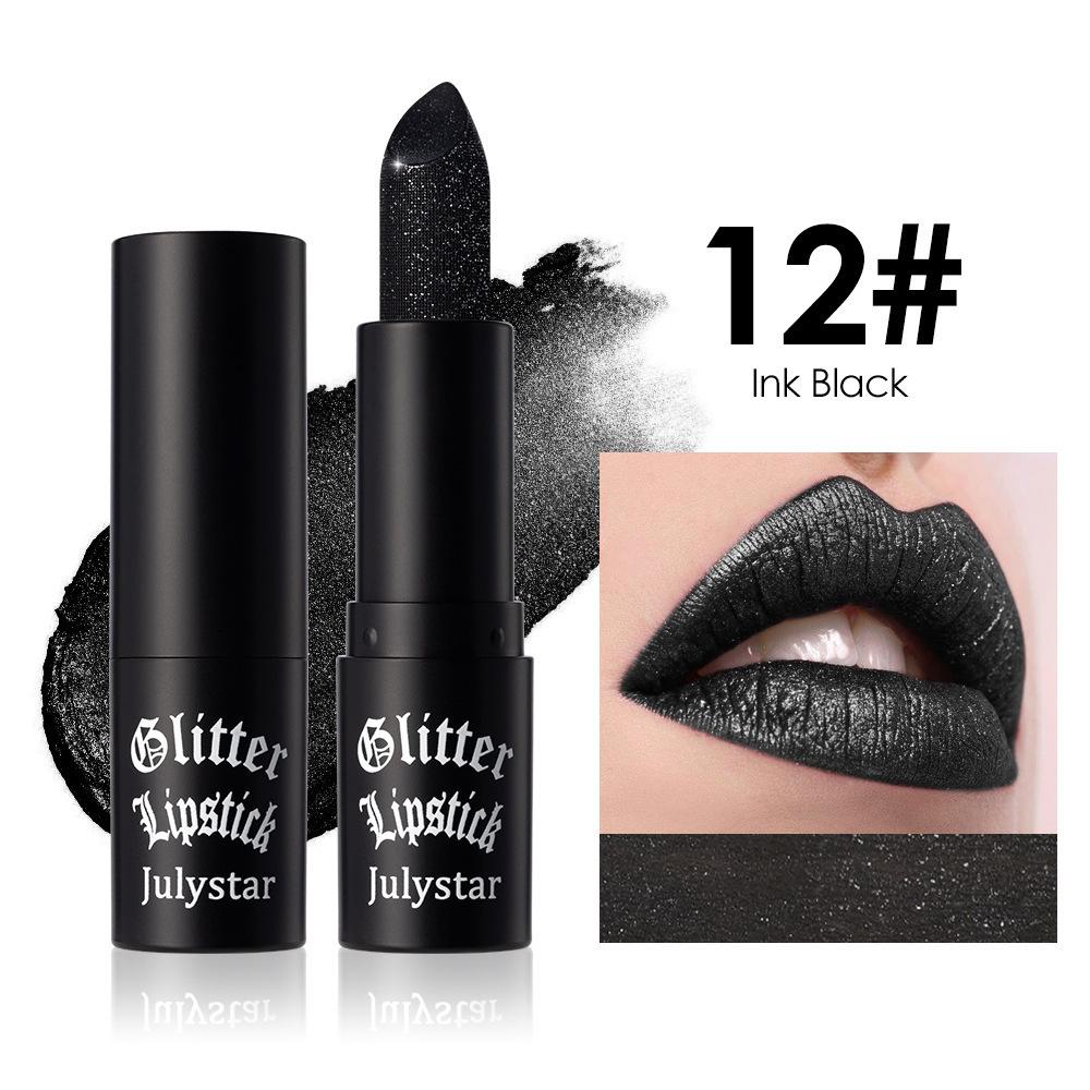 12 Colors Glitter Lipstick Waterproof Long Lasting Diamond Pearlescent Metallic Lipstick Black Lipgloss Women Lips Makeup Cosmetic