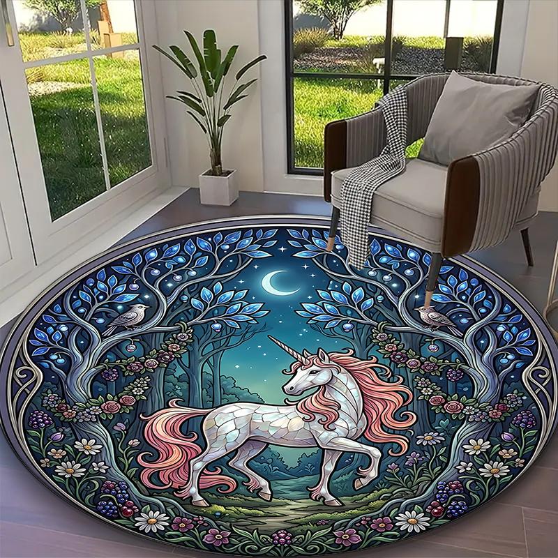 

1pc Sunlit Forest Unicorn Printed Chair Rug for Home Office Use, Living Room Kitchen Game Room Round Carpet Diameter 60cm