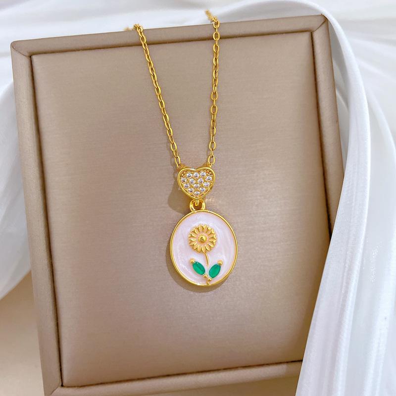 Pastoral Style Daisy Oval Zircon Heart Pendant Necklaces for Women Girls Stainless Steel Chain Sweet Cute Flower Jewelry Gifts