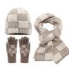 Retro checkerboard jacquard knitted hat scarf gloves three-piece winter couple cold and warm accessories set
