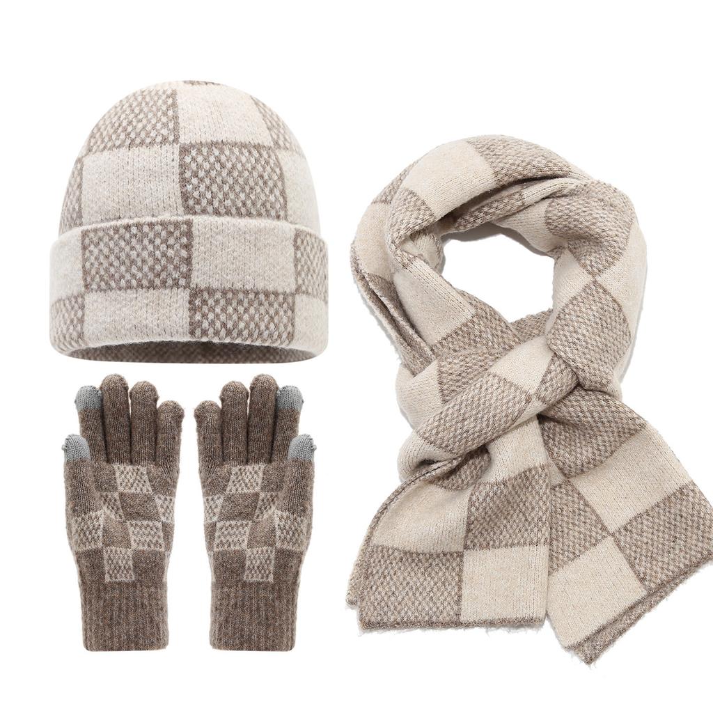 Retro checkerboard jacquard knitted hat scarf gloves three-piece winter couple cold and warm accessories set