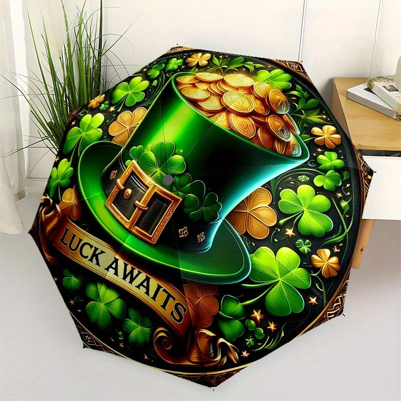 

Leprechaun s Treasure: Green Hat with Gold Coins & Clover Umbrella, Cute Umbrella with Cute Design, Portable 3-Fold Compact Umbrella for Men & Women,