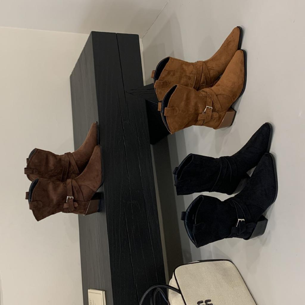 2025 New Pointed Belt Buckle Low Tube Thin Suede Fashion Martin Chelsea Women's Short Boots