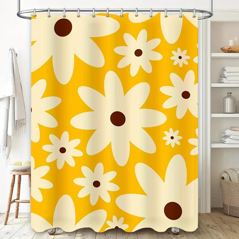 Modern Floral Shower Curtain Set Yellow White Water Repellent Fabric for Home Bath Decorations