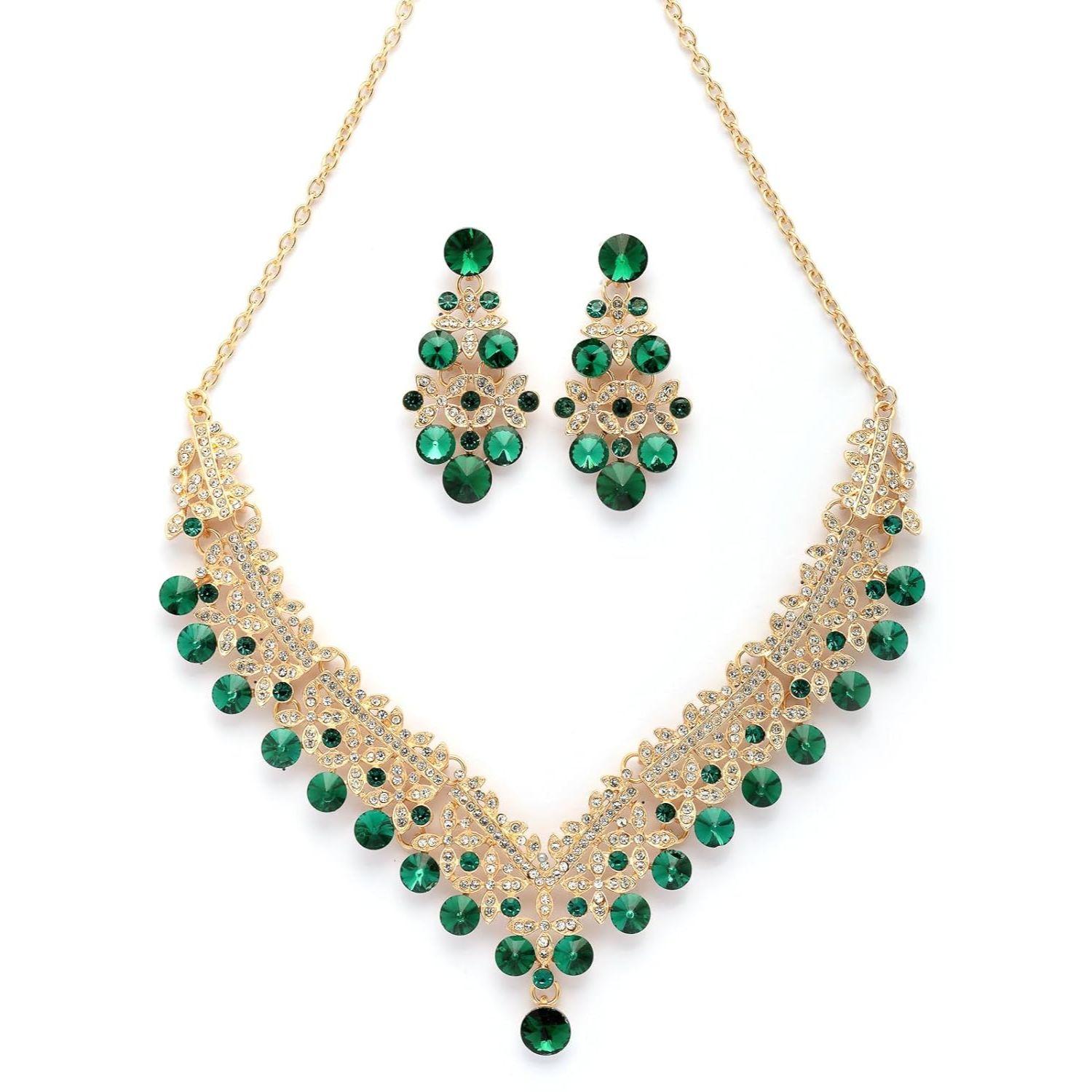 Fashionable AD Stone Diamond Studded Gold Plated Green Choker Necklace with Dangle Earring Jewellery Set For Women & Girls