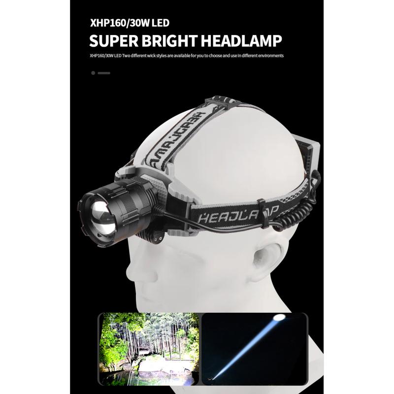 30w Xhp160 Led Headlamp 170 Degree Adjustable Telescopic Zoom Type-c Rechargeable Head Lights With