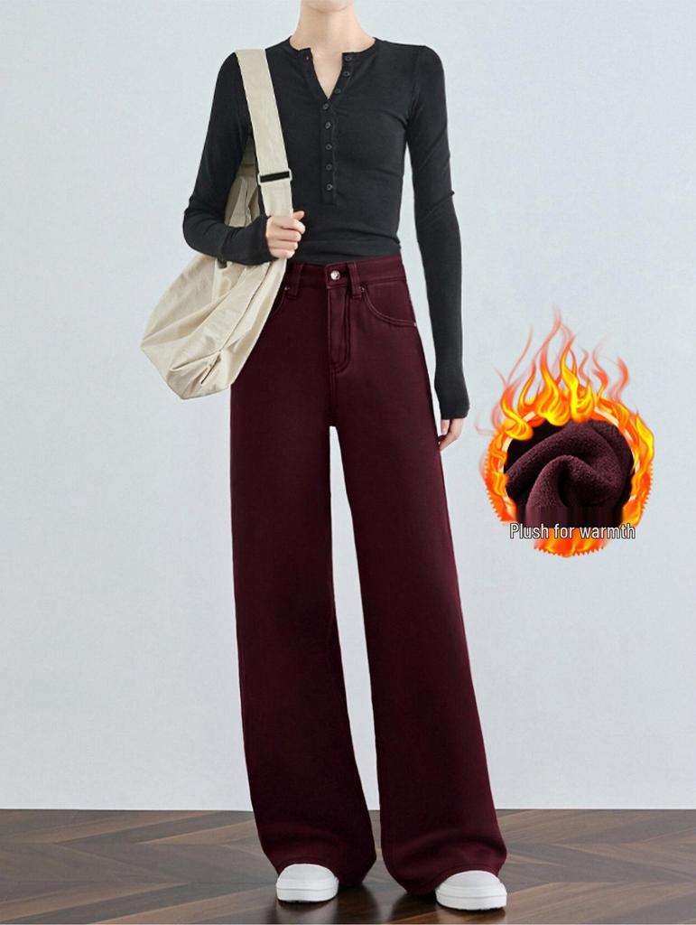 Women's High Waist Velvet Plus Wide-Leg White Jeans - Winter Thickened for a Longer Leg Look