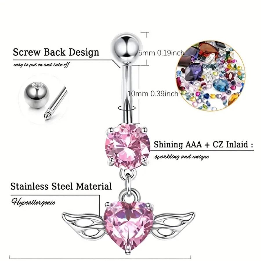 7-piece Pink and White Navel Ring Set with Heart, Zircon, Butterfly, and Gun Navel Ring Combination