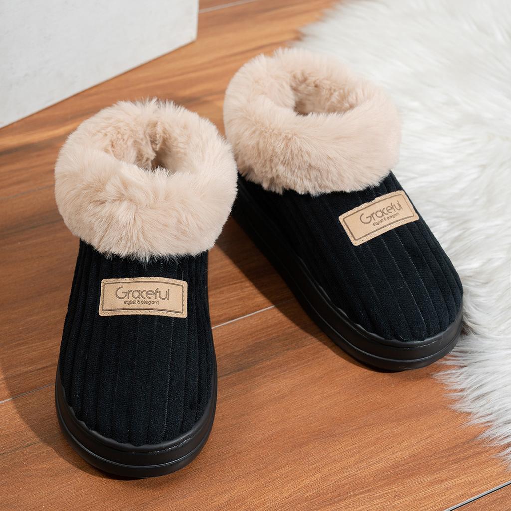 Autumn and Winter Cotton Shoes with Thick Soles for Men and Women, Home and Indoor with Velvet Wicks and Plush Slippers