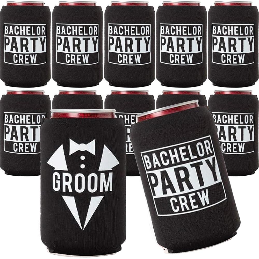 12Pcs Groom Bachelor Party Crew Squad Can Coolers Beer Can Coolies for Wedding Party Reception Table Decor As Grooms Men Gift 12pcs 9.5x12cm